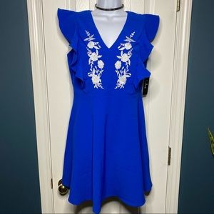 Lulus New Adventure Royal Blue Embroidered Skater Dress